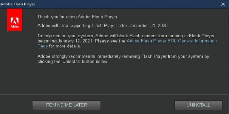 now shows windows uninstall flash player