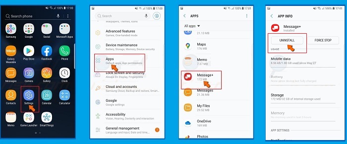 uninstall the message+ app